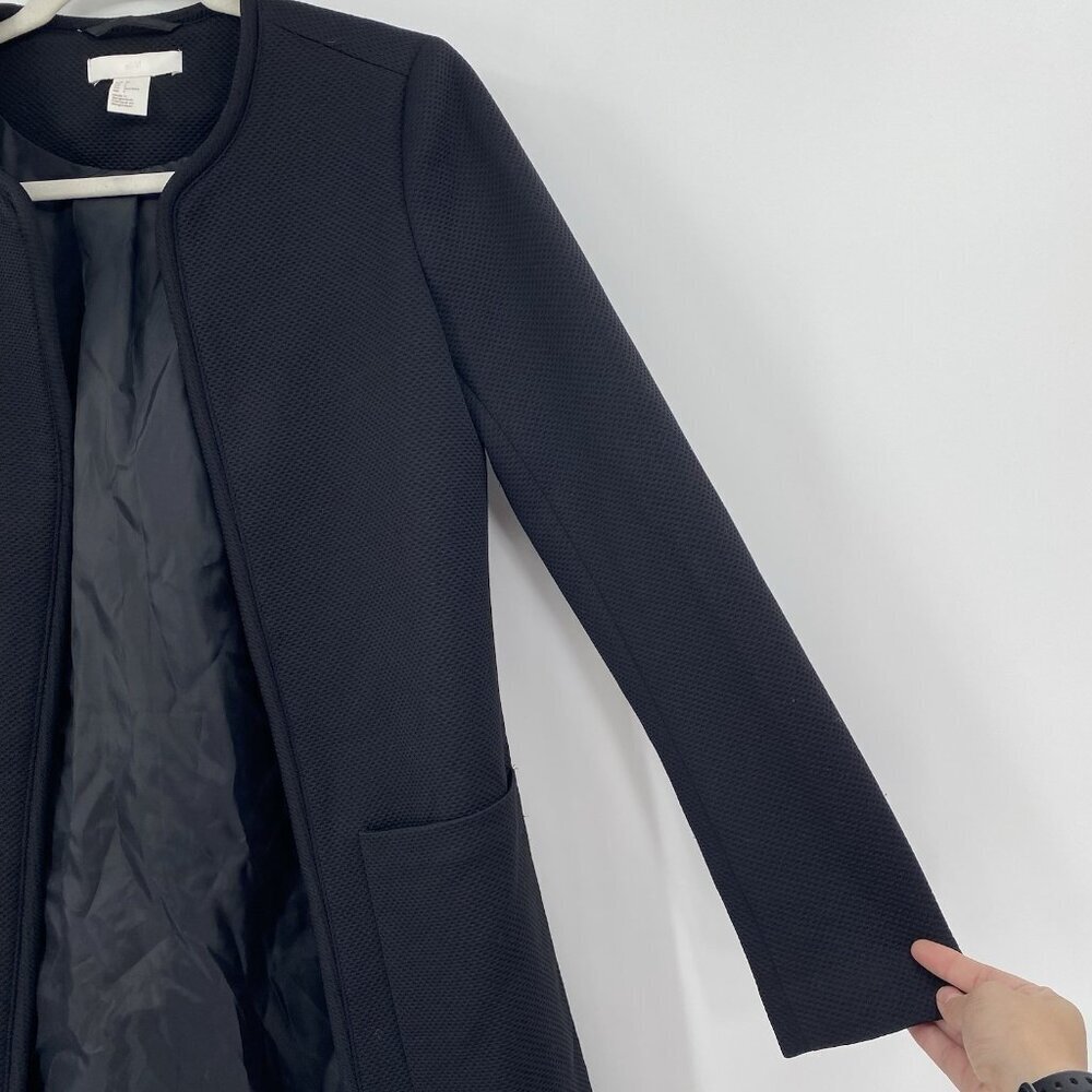 H&M Womens Size 4 Black Open Front Textured Weave Pockets Lined Jacket Coat - Picture 7 of 9